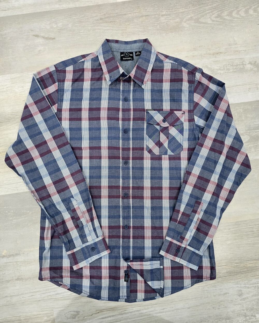 Burnside Mens M Blue/Red Plaid Cotton Button Up Long Sleeve EUC
